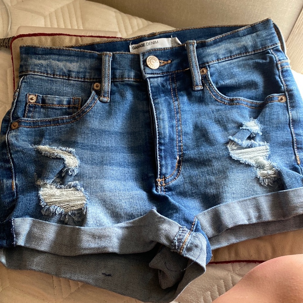 Garage medium wash denim shorts high rise